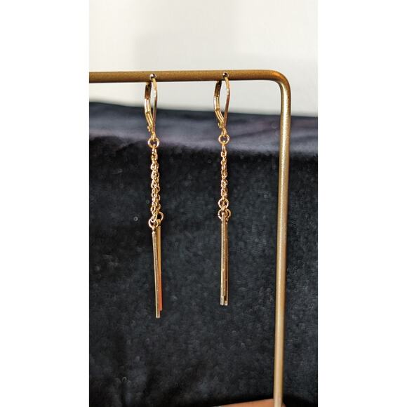 Triple Chain Bar Dangle Gold Tone Leverback Earrings - Picture 4 of 4
